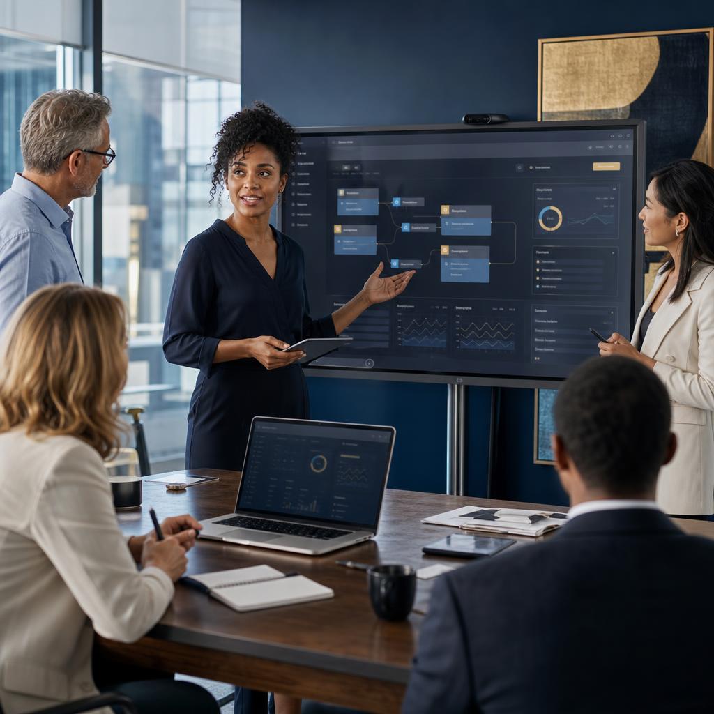 Business team collaborating on a custom AI solution and connected operational workflows