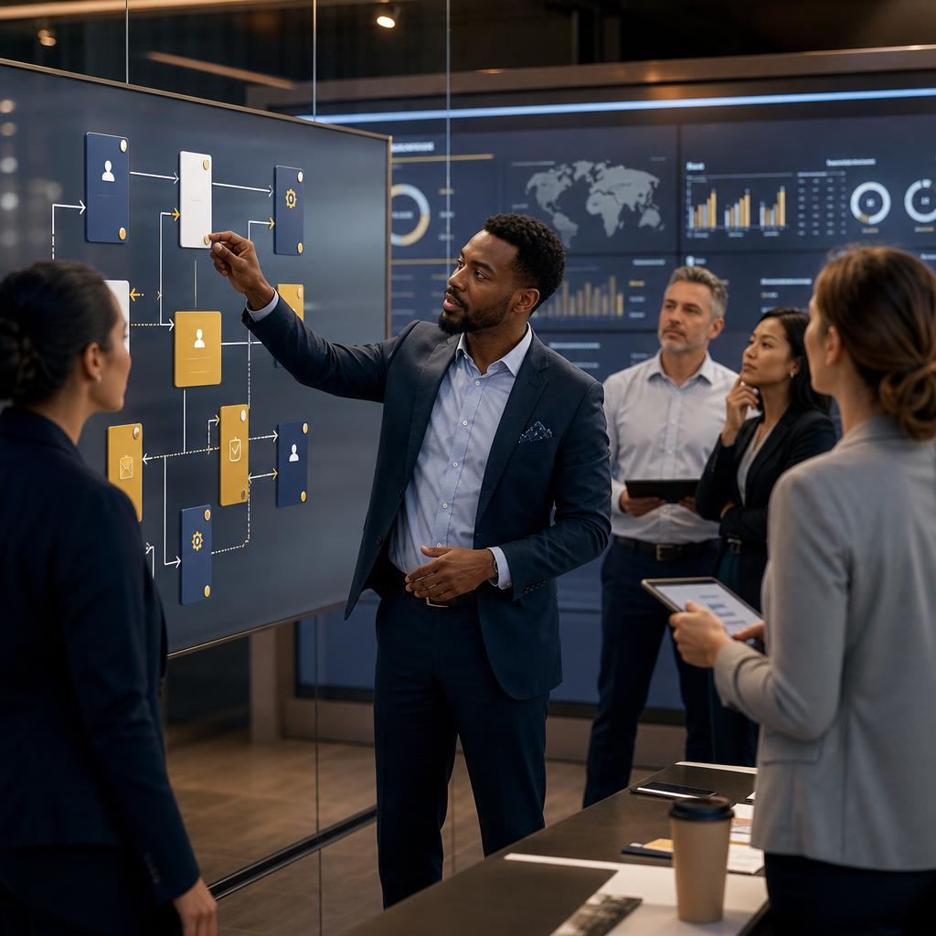 Operations team redesigning connected workflows and reporting systems